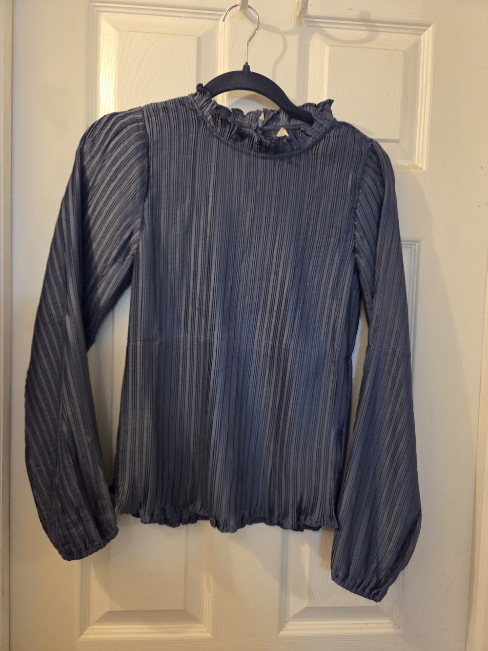 easel Ruffled Neck Pleated Long Sleeve Top - Slate Blue